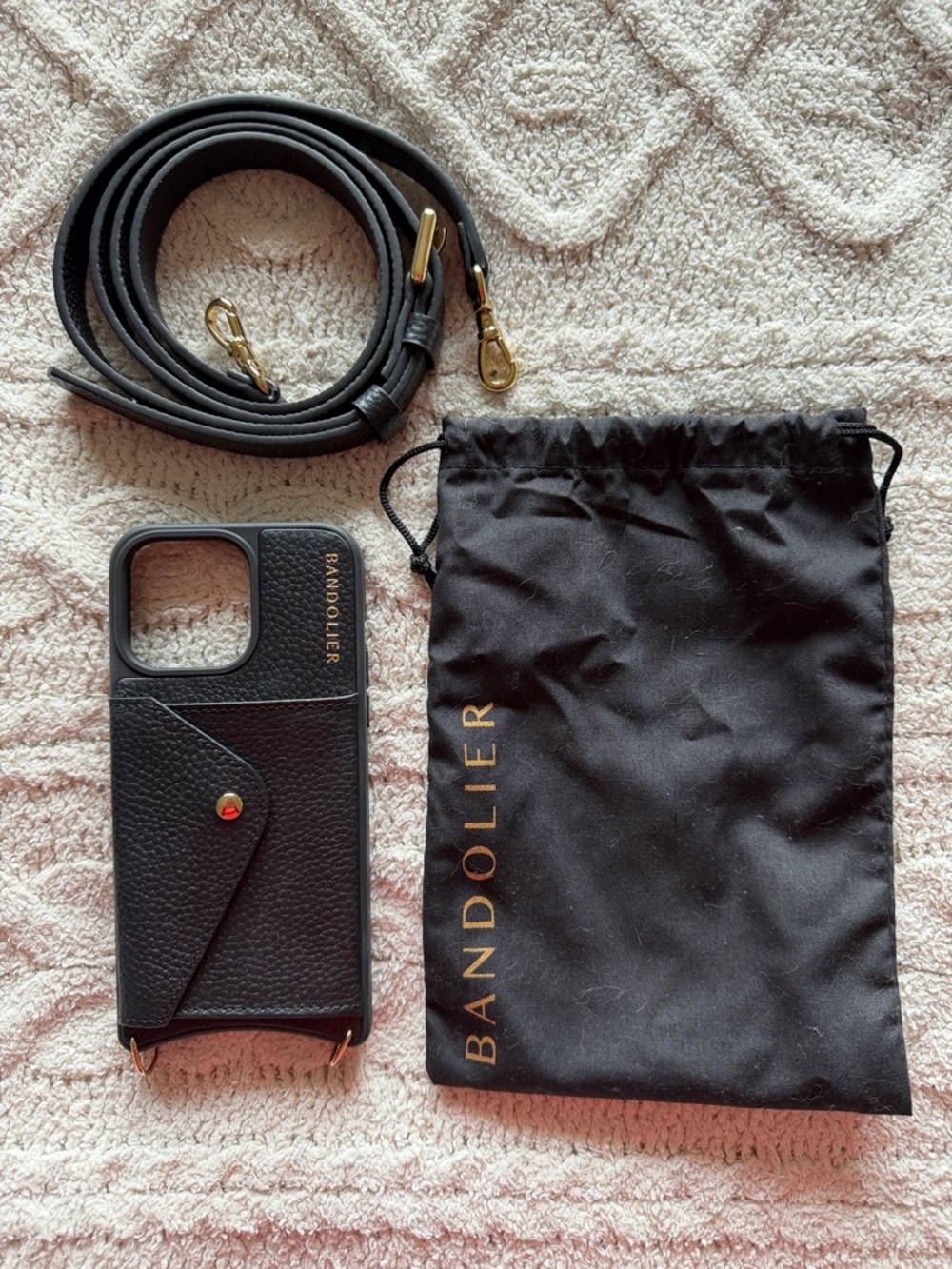 Bandolier Hailey iPhone 15 Pro Max Black Leather case and strap gold hardware